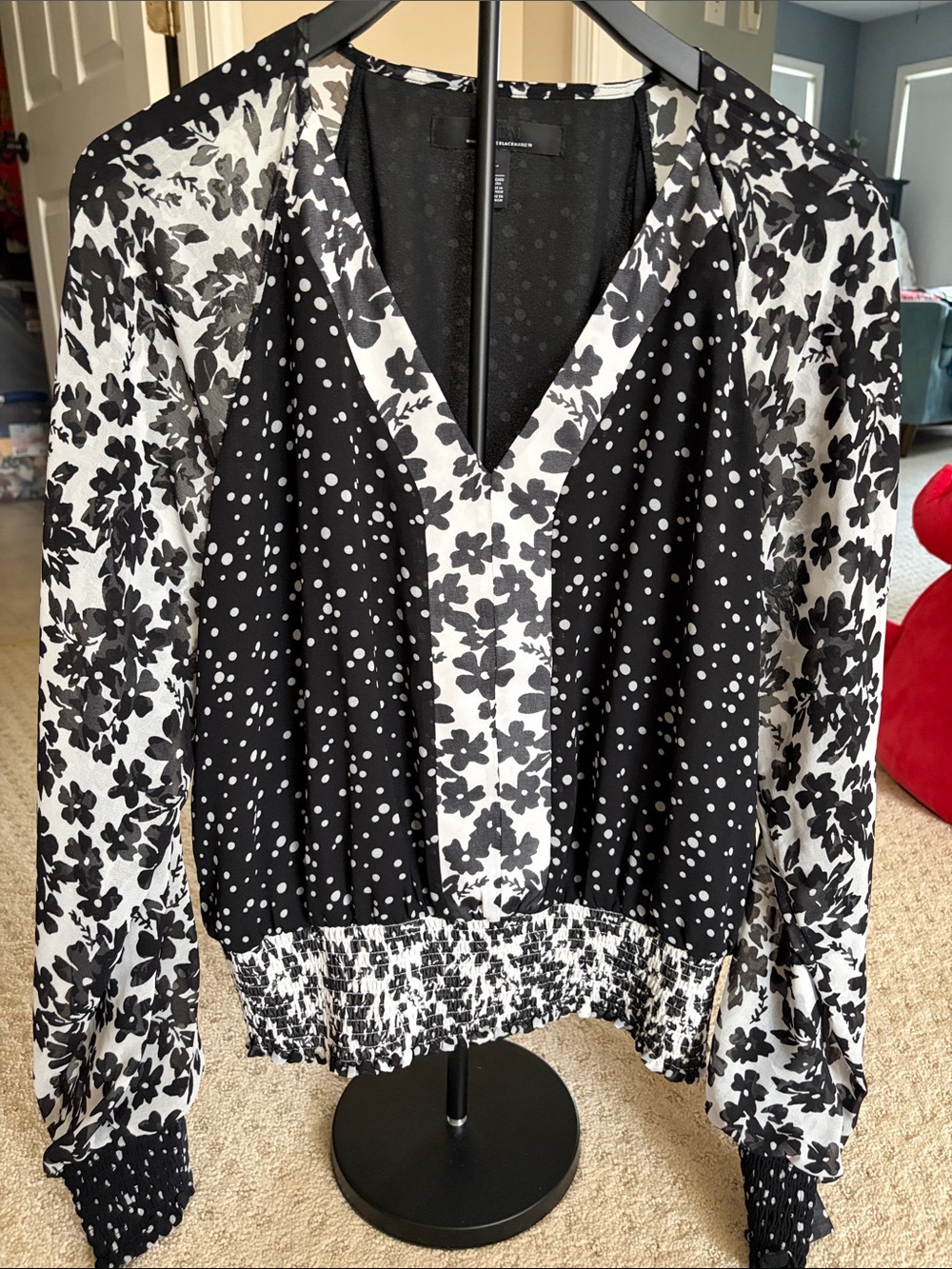 White House Black Market Black and White Floral & Dot V-Neck Blouse